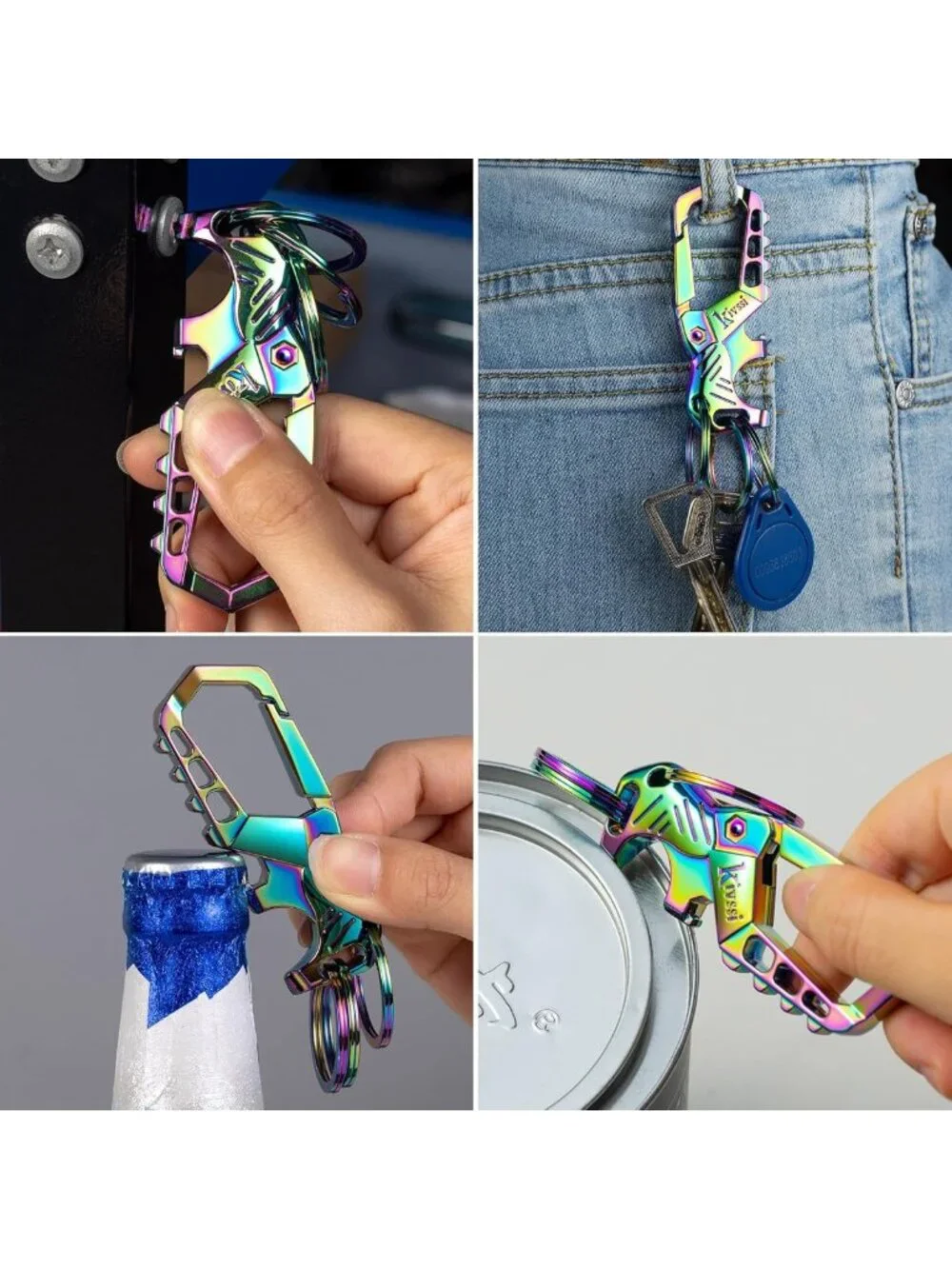 Durable Metal Keychains with Carabiner Clip, Bottle Opener & 3 Key Rings